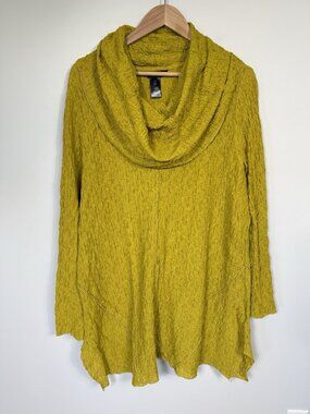 Ali Miles Top Womens 1X Cowl Neck Textured Gauze Honey Mustard Long Sleeve